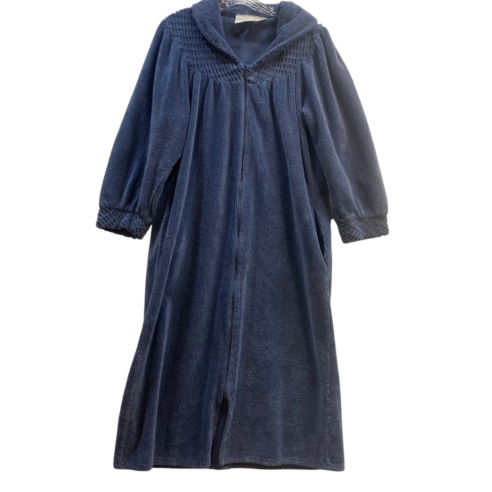 VTG Kinnaird Blue Chenille Full Zip Front Robe Smocked Yoke Made in Ireland M